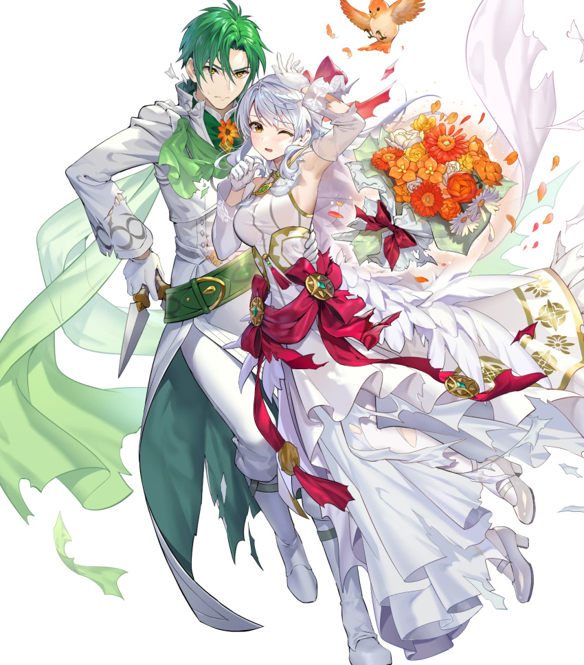 1boy alternate_costume bird bouquet bow cape crossed_arms dress feathered_wings feathers female fire_emblem fire_emblem:_radiant_dawn fire_emblem_heroes flower full_body gloves green_hair grey_hair highres leaf long_hair micaiah_(bridal)_(fire_emblem) micaiah_(fire_emblem) non-web_source official_art one_eye_closed open_mouth sothe_(fire_emblem) sothe_(groom)_(fire_emblem) teffish torn_clothes transparent_background veil wings yellow_eyes yune_(fire_emblem)