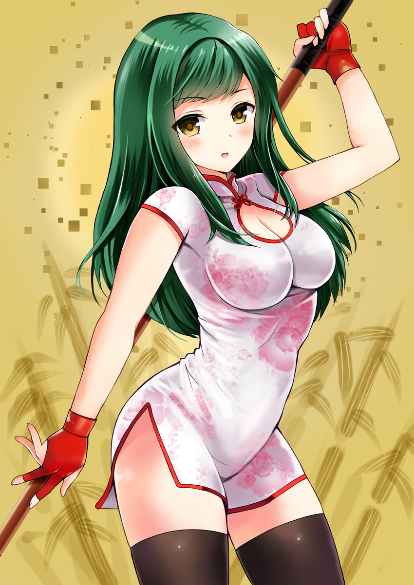 absurdres black_thighhighs breasts chinese_clothes cleavage cleavage_cutout clothing_cutout commentary_request cue_stick female fingerless_gloves girlfriend_(kari) gloves green_hair highres holding holding_behind_back kokonoe_shinobu large_breasts long_hair open_mouth red_gloves shiawase_usagi solo standing thighhighs yellow_eyes zettai_ryouiki