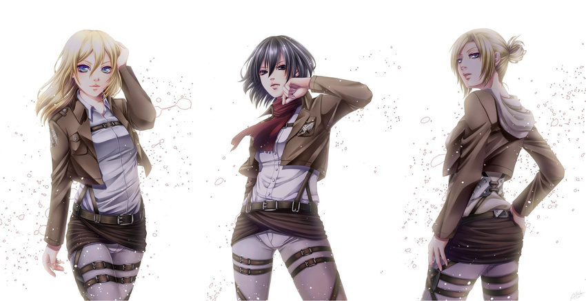 3girls annie_leonhardt black_hair blonde_hair blue_eyes breasts christa_renz long_hair looking_at_viewer looking_back mikasa_ackerman multiple_girls scarf shingeki_no_kyojin short_hair standing