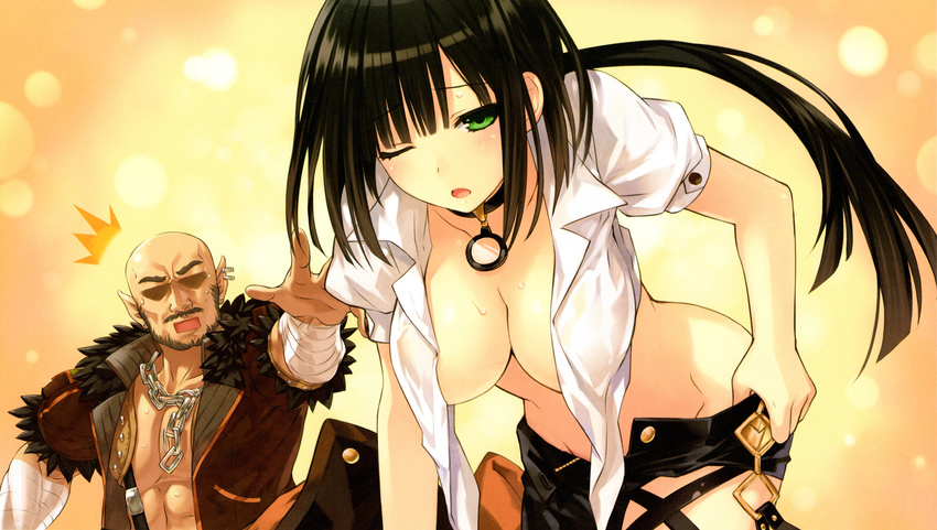 1boy absurdres bahas bald bandages black_hair black_shorts breasts chains cleavage clothes_pull collar collarbone dress_shirt earrings fairy_fencer_f female game_cg green_eyes groin harler highres jewelry long_hair medium_breasts no_bra no_panties one_eye_closed open_clothes open_mouth open_shirt open_shorts outstretched_arm pointy_ears ponytail shirt short_shorts short_sleeves shorts shorts_pull sunglasses tsunako