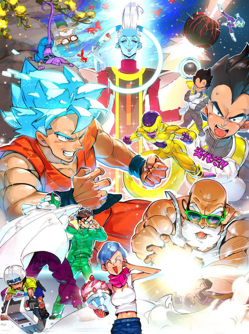 2girls 6+boys ^_^ absurdres annoyed armor baby bad_id bad_pixiv_id bald beard beerus black_eyes black_hair blue_eyes blue_hair blush_stickers boots breasts bulma_briefs cape clenched_hand closed_eyes couple denim dessert dougi dr._brief_(dragon_ball) dragon_ball dragon_ball_super dragon_ball_z dragon_ball_z_fukkatsu_no_f explosion facial_hair facing_away father_and_daughter father_and_son fighting_stance fingernails fish flower flying_vehicle food fork frieza fruit ginga_patrol_jaco glasses gloves golden_frieza gym_uniform hand_on_own_chin helmet highres ice_cream incoming_attack jaco_(ginga_patrol_jaco) jeans kamehameha_(dragon_ball) koi kuririn long_sleeves looking_at_viewer looking_away moustache multiple_boys multiple_girls muten_roushi navel neckerchief open_mouth pan_(dragon_ball) pants piccolo planet purple_eyes reflection saiyan_armor salute shirt short_hair smile son_gohan son_goku spiked_hair staff straight strawberry sunglasses super_saiyan super_saiyan_blue supobi sweatdrop tail tall_hair translation_request turban upper_body vegeta water whis white_hair white_shirt wristband yellow_flower