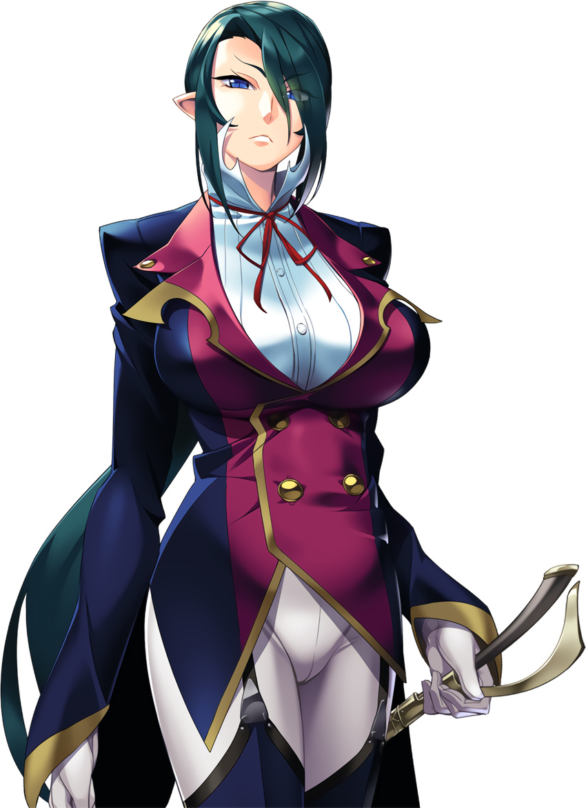 blue_eyes breasts cowboy_shot female formal gokkun_vampire_princess green_hair hair_over_one_eye highres large_breasts long_hair makina_echidna nana_g official_art pointy_ears slit_pupils solo transparent_background waifu2x weapon