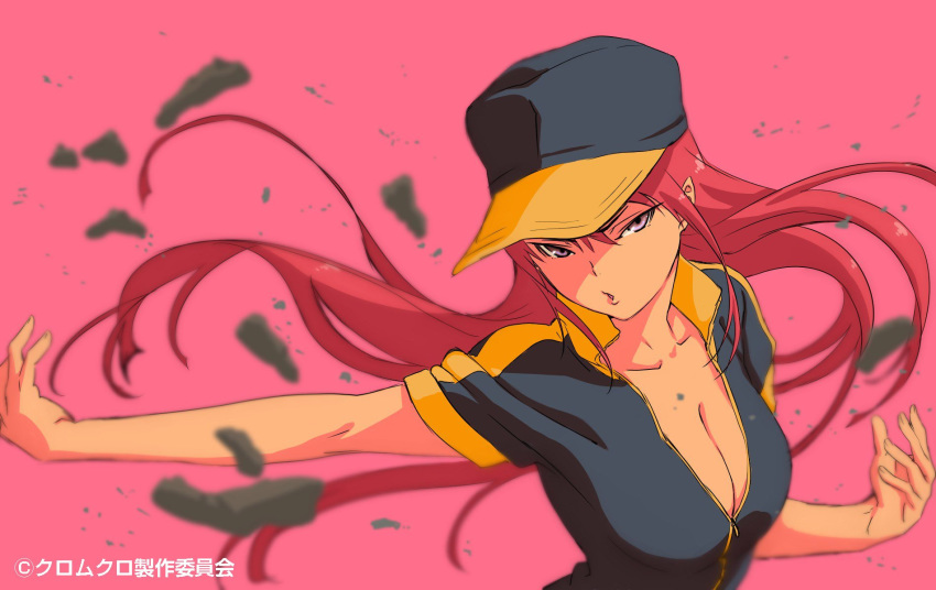 baseball_cap blurry breasts cleavage commentary_request depth_of_field female glaring hat highres kuromukuro large_breasts liu_shen_mi long_hair looking_at_viewer official_art outstretched_arm parted_lips partially_unzipped pink_background pink_hair purple_eyes sidelocks simple_background solo upper_body very_long_hair