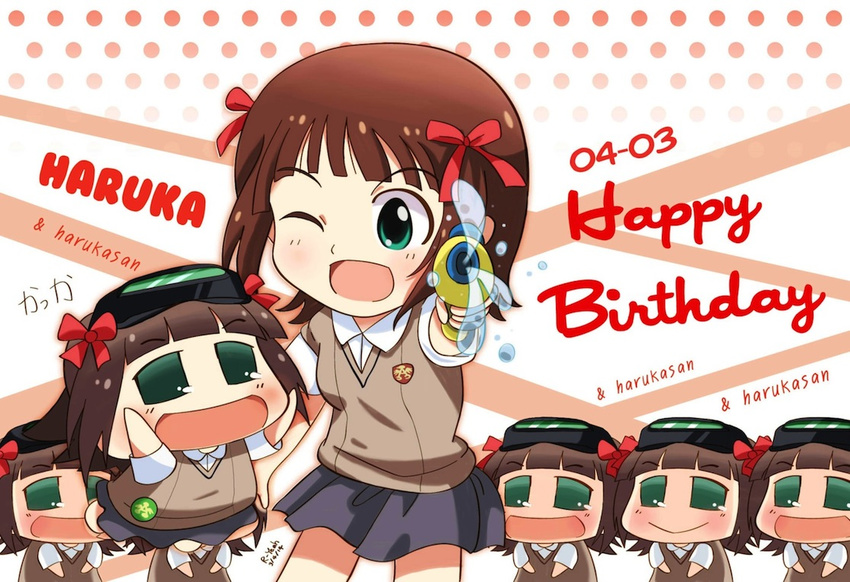 6+girls amami_haruka brown_eyes brown_hair brown_sweater_vest chibi clone commentary cosplay green_eyes haruka-san head-mounted_display idolmaster idolmaster_(classic) misaka_imouto misaka_imouto_(cosplay) misaka_mikoto misaka_mikoto_(cosplay) multiple_girls multiple_persona one_eye_closed photoshop_(medium) puchimasu! r-yeah school_uniform summer_uniform sweater_vest toaru_kagaku_no_railgun toaru_majutsu_no_index tokiwadai_school_uniform water_gun