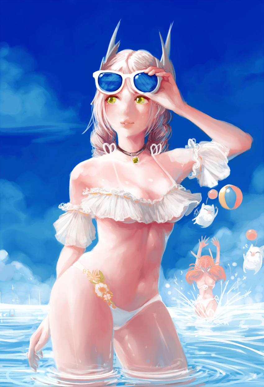 1boy 2girls a-ruhn-senna adjusting_eyewear arm_up ball beachball bikini blonde_hair blue_sky braid breasts brown_hair choker cleavage closed_mouth commentary_request cowboy_shot day demstouts detached_sleeves final_fantasy final_fantasy_xiv frilled_bikini frills highres horns kan-e-senna legs_apart lips long_hair medium_breasts moogle multiple_girls padjal raya-o-senna siblings sky smile solo_focus sunglasses swimsuit twin_braids twintails underboob water white_bikini yellow_eyes