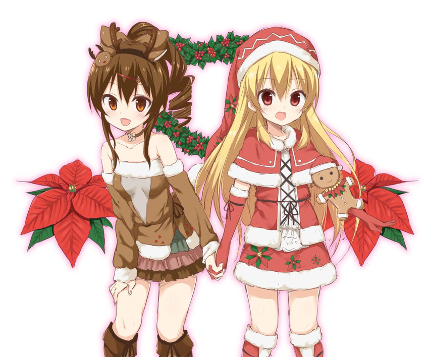 arm_warmers bare_shoulders blonde_hair boots bow brown_bow brown_eyes brown_footwear brown_hair brown_skirt brown_sleeves choker detached_sleeves drill_hair elbow_gloves flower flower_knight_girl gingerbread_man gloves hairband hairbow hat holding_hands holly holly_(flower_knight_girl) knee_boots layered_skirt long_hair looking_at_viewer morino_harifu multiple_girls object_namesake poinsettia poinsettia_(flower_knight_girl) ponytail red_eyes red_gloves red_hat red_skirt santa_hat shawl short_hair skirt smile white_background