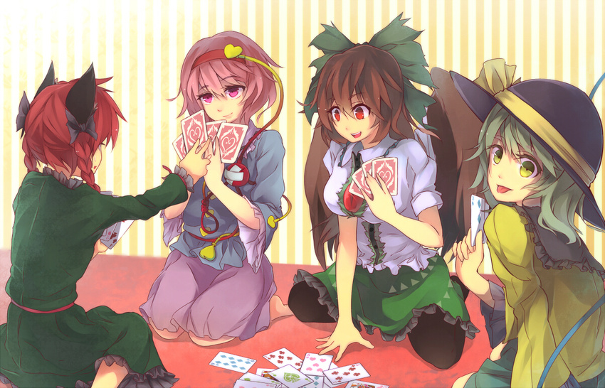 4girls :p ace_(playing_card) ace_of_spades animal_ears black_hair black_pantyhose bow braid card cat_ears cloneko_(zelmeledf2) commentary_request crossed_bandaids eyeball five_of_clubs five_of_hearts four_of_clubs green_bow green_eyes green_hair green_skirt hairband hairbow hat heart kaenbyou_rin komeiji_koishi komeiji_satori long_hair looking_at_viewer multiple_girls nine_of_diamonds old_maid pantyhose pink_eyes pink_hair playing_card queen_(playing_card) queen_of_hearts_(playing_card) red_eyes red_hair reiuji_utsuho seven_of_clubs short_hair skirt smile spade_(shape) third_eye three_of_diamonds three_of_hearts three_of_spades tongue tongue_out touhou twin_braids two_of_hearts wings