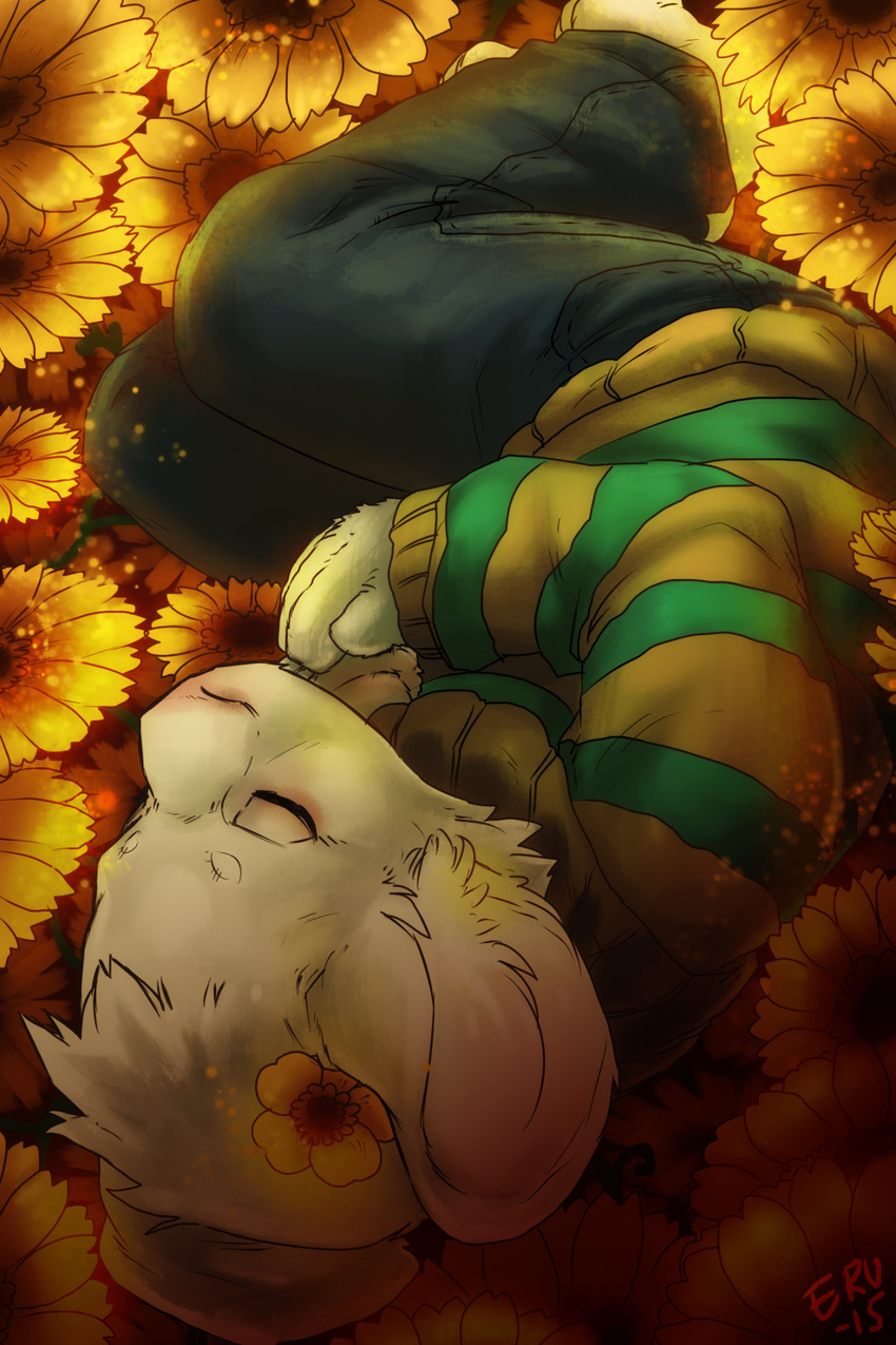 2015 anthro asriel_dreemurr boss_monster_(undertale) bovid caprine clothed clothing erupan flower fur hi_res lolicon long_ears lying male mammal plant sleeping solo undertale undertale_(series) white_body white_fur young