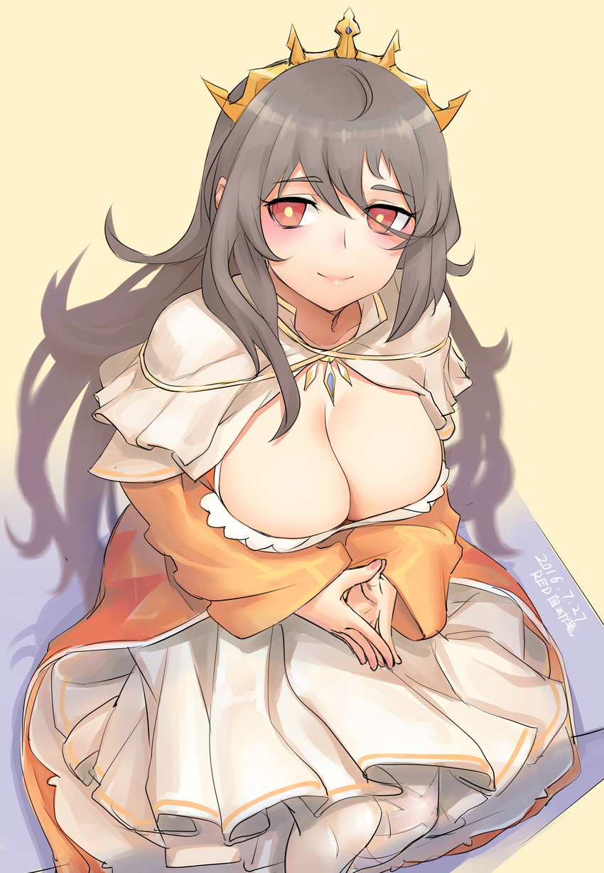 absurdres artist_name blush breasts capelet cleavage cleavage_cutout closed_mouth clothing_cutout commentary_request cowboy_shot crown dated dress eyebrows female frills from_above grey_hair hair_between_eyes highres large_breasts lips long_hair long_sleeves looking_at_viewer looking_up orange_dress own_hands_together queen_elizabeth_(warship_girls_r) red_eyes redauto sitting smile solo steepled_fingers tiara warship_girls_r white_legwear