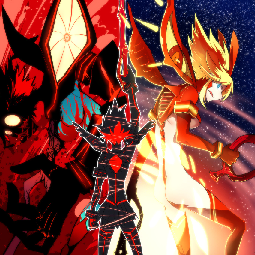 berserk_ryuuko black_hair blonde_hair commentary_request female highres kill_la_kill matoi_ryuuko monster multicolored_hair multiple_persona red_hair scissor_blade_(kill_la_kill) senketsu senketsu-kisaragi spoilers takatsuki_nato two-tone_hair