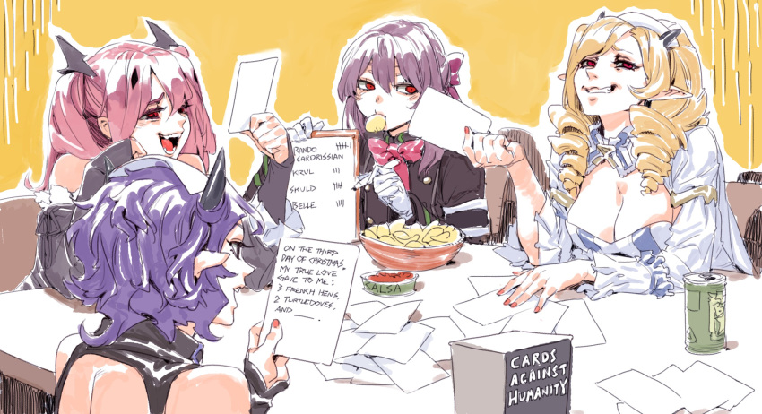 4girls archvermin blue_hair blush breasts card cards_against_humanity chess_belle chips_(food) cleavage commentary drill_hair english_commentary english_text food gloves hair_ribbon highres hiiragi_shinoa horn_skuld krul_tepes large_breasts long_hair multiple_girls owari_no_seraph playing_games potato_chips product_placement red_eyes ribbon short_hair smile twin_drills twintails vampire