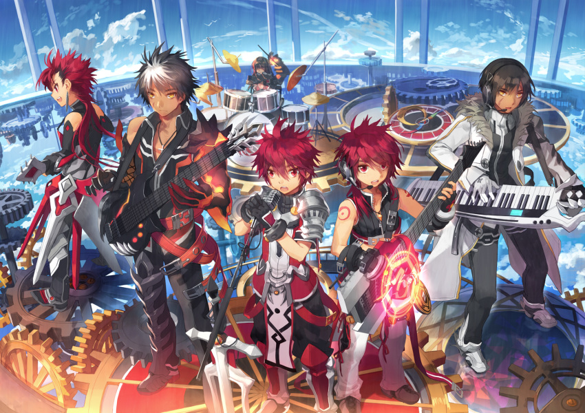 blade_master_(elsword) clockwork commentary_request drum drumsticks elsword elsword_(character) gloves guitar headphones highres infinity_sword_(elsword) instrument jewelry lord_knight_(elsword) mechanical_arms microphone multicolored_hair multiple_boys necklace photoshop_(medium) raven_cronwell reckless_fist_(elsword) red_eyes red_hair rune_slayer_(elsword) runes scorpion5050 single_mechanical_arm smile spiked_hair two-tone_hair veteran_commander_(elsword)