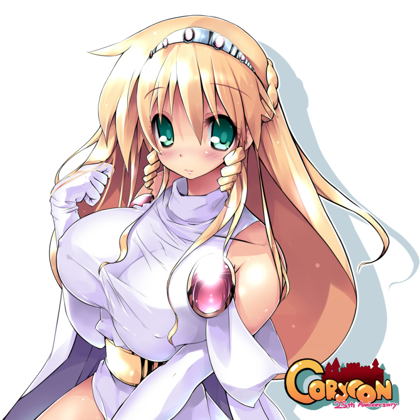 anniversary bad_id bad_pixiv_id blonde_hair blush braid breasts closed_mouth collarbone copyright_name coryoon female gloves green_eyes hairband half_updo large_breasts long_hair looking_at_viewer princess_(coryoon) scatter_milk simple_background smile solo upper_body white_background white_gloves