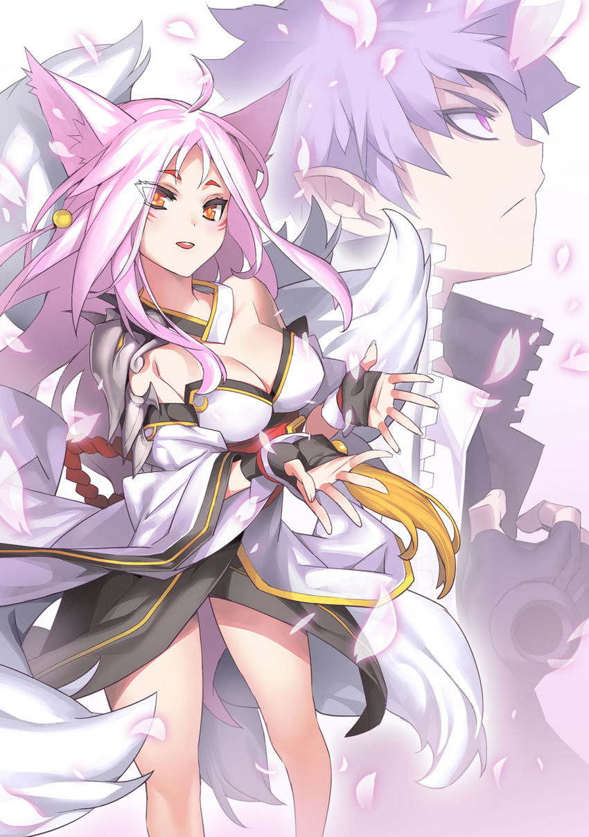 1boy add_(elsword) ahoge animal_ears ara_haan ara_haan_(celestial_fox) asura_(elsword) bad_link bare_shoulders breasts chinese_clothes cleavage elsword eun_(elsword) facial_mark female fingerless_gloves fox_ears fox_tail gloves highres large_breasts long_hair multiple_tails octoman petals photoshop_(medium) purple_eyes purple_hair short_hair smile tail time_tracer_(elsword) white_background white_hair zipper