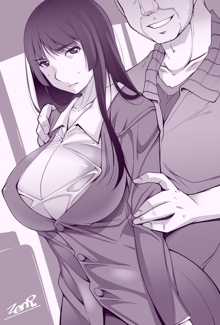 1boy arm_around_shoulder arm_grab artist_name blunt_bangs breasts cheating_(relationship) closed_mouth commentary_request dress_shirt dutch_angle female formal girls_und_panzer greyscale grin head_out_of_frame highres jacket large_breasts long_hair long_sleeves looking_at_viewer mature_female monochrome netorare nishizumi_shiho pant_suit pants shirt signature smile standing straight suit sweat zen9