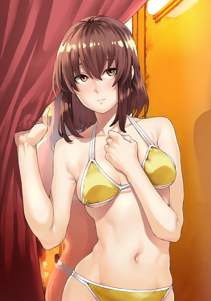 bad_id bad_twitter_id bikini blush brown_eyes brown_hair character_request clenched_hand commentary_request curtain_grab curtains female fitting_room hand_on_own_chest highres indoors looking_to_the_side midriff mirror nakajima_ryou navel original reflection solo standing swimsuit trying_on_clothes yellow_bikini