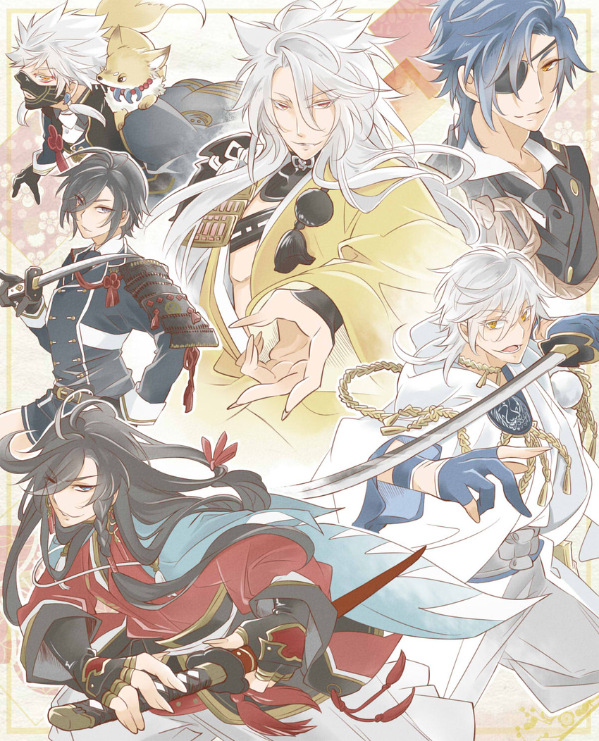 6+boys armor bad_id bad_pixiv_id black_hair earrings eyepatch fighting_stance fingernails fox haruka_(one01luffylove) highres izumi-no-kami_kanesada japanese_armor japanese_clothes jewelry kogitsunemaru long_hair looking_at_viewer male_focus menpoo military military_uniform multiple_boys nakigitsune nakigitsune's_fox open_mouth pom_pom_(clothes) purple_eyes sharp_fingernails shokudaikiri_mitsutada short_sword shorts sword tantou touken_ranbu tsurumaru_kuninaga uniform weapon yagen_toushirou