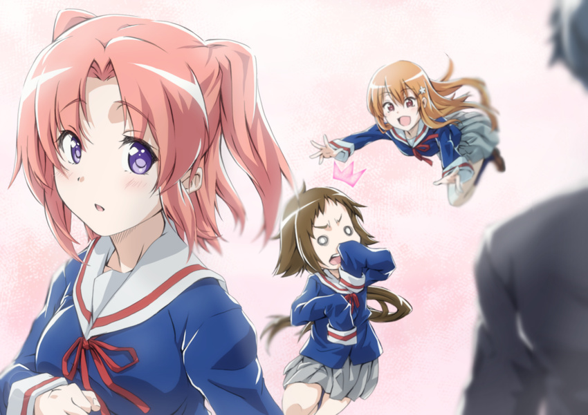 1boy 3girls :d ^^^ blush brown_hair commentary_request eyebrows grey_skirt hair_ornament hairclip long_hair mikakunin_de_shinkoukei mitsumine_hakuya mitsumine_mashiro multiple_girls o_o open_mouth orange_hair pink_hair pleated_skirt ponytail school_uniform skirt sleeves_past_wrists smile two_side_up yonomori_benio yonomori_kobeni yoshiomi