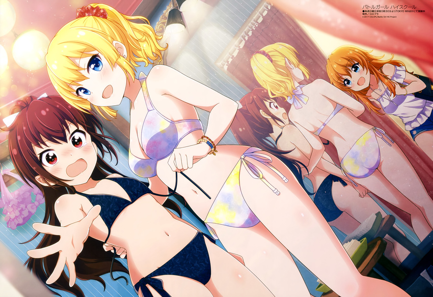 3girls :d absurdres amano_nozomi ass battle_girl_high_school bikini black_bikini black_shorts blonde_hair blue_eyes blush breasts brown_hair cleavage dutch_angle earrings flat_chest hair_between_eyes hair_ornament hair_ribbon hair_scrunchie high_ponytail highres himukai_yuri indoors jewelry kougami_kanon long_hair looking_at_viewer magazine_scan medium_breasts megami_magazine mirror multiple_girls official_art open_mouth orange_hair outstretched_arm red_eyes red_scrunchie reflection ribbon scan scrunchie shirt short_shorts short_sleeves shorts smile standing swimsuit untied_bikini white_bikini white_ribbon white_shirt