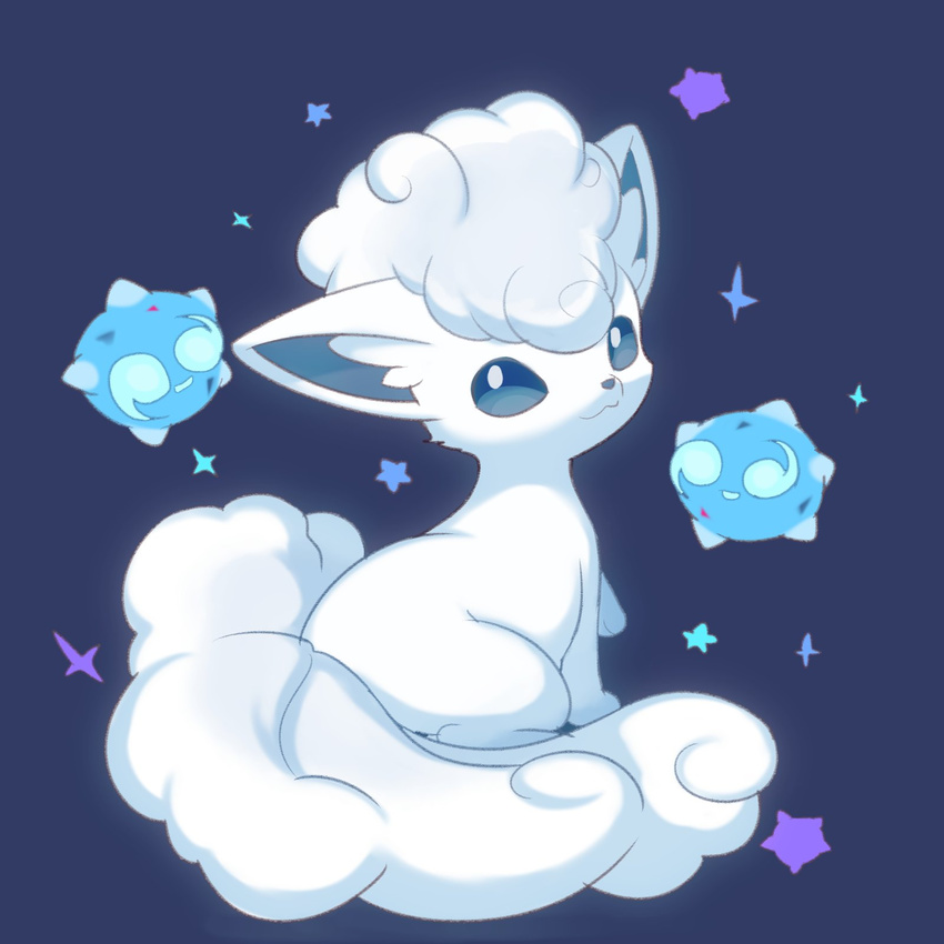 :3 alolan_vulpix blue_background from_behind fuchsia highres looking_back minior minior_(blue_core) minior_(core) no_humans pokemon pokemon_(creature) protected_link simple_background