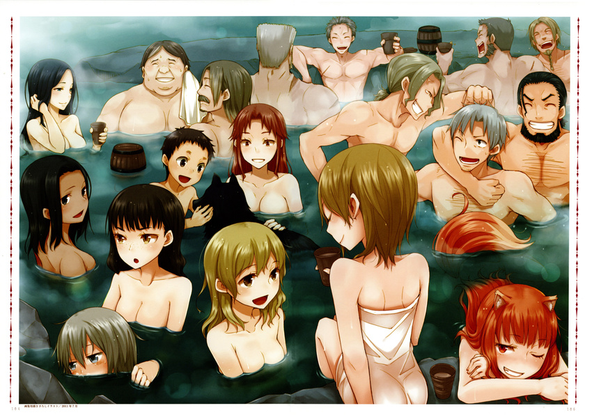 6+boys 6+girls :d ;d absurdres alcohol animal animal_ears annotation_request ayakura_juu bathing beard black_hair blonde_hair breasts brown_eyes brown_hair canine character_request chest_hair cleavage closed_eyes collarbone copyright_name craft_lawrence dark-skinned_female dark_skin dian_rubens elsa_schtingheim enekk eu_landt eve_bolan facial_hair fran_vonely freckles grey_eyes grey_hair grin hafner_hugues hand_in_own_hair hat helena_(spice_and_wolf) highres hilde_schnau holding holo long_hair luward_myuri marc_cole max_moize medium_breasts mixed-sex_bathing moustache multiple_boys multiple_girls naked_towel nora_arento novel_illustration official_art one_eye_closed onsen open_mouth orange_hair partially_annotated photoshop_(medium) red_eyes red_hair scar shared_bathing short_hair shoulder_blades small_breasts smile spice_and_wolf sweat tail topless tote_col towel weiz wolf_ears wolf_girl wolf_tail