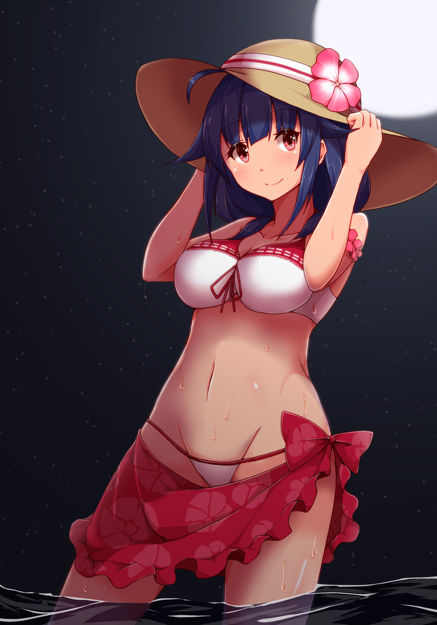 ahoge arms_up backlighting bikini blunt_bangs breasts brown_hat commentary_request contrapposto cowboy_shot female full_moon hakuhou_(ende_der_welt) hands_on_headwear hat highres kantai_collection medium_breasts moon moonlight navel purple_hair red_eyes ryuuhou_(kancolle) sarong short_hair smile solo standing stomach sun_hat sweatdrop swimsuit taigei_(kancolle) wading water white_bikini