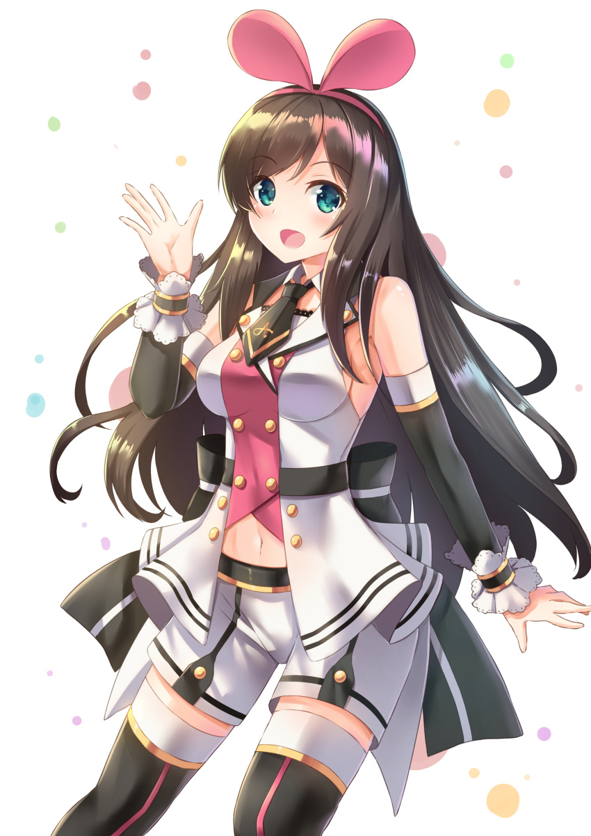 :d absurdres bare_shoulders black_necktie black_thighhighs blush breasts brown_hair commentary detached_sleeves female green_eyes hairband hand_up highres holmemee kizuna_ai kizuna_ai_(elegant) kizuna_ai_inc. long_hair long_sleeves looking_at_viewer medium_breasts multicolored_polka_dots navel necktie open_mouth photoshop_(medium) pink_hairband polka_dot polka_dot_background shirt short_necktie short_shorts shorts sidelocks sleeveless sleeveless_shirt smile solo thighhighs very_long_hair virtual_youtuber white_background white_shirt white_shorts