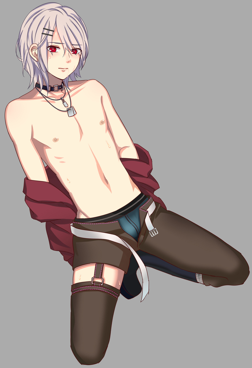 1boy absurdres asymmetrical_clothes belt boxer_briefs closed_mouth collar commentary_request danieru_hatto dog_tags garter_straps grey_background grey_hair hair_ornament hairclip highres horinochi_yogaru horne_(website) jewelry looking_at_viewer male_focus male_underwear mascot necklace nipples open_belt pants photoshop_(medium) red_eyes simple_background solo sweat thighhighs topless_male underwear