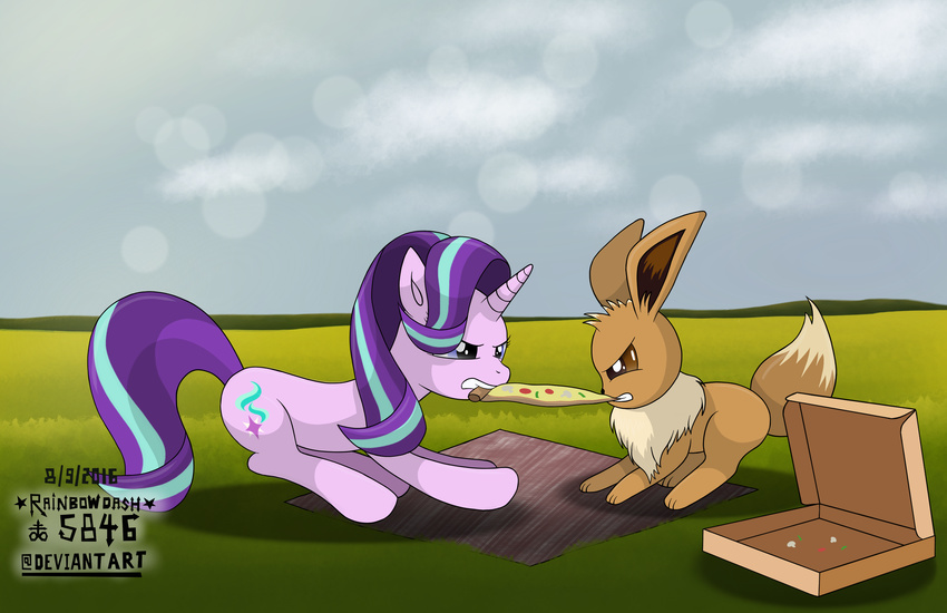 2016 absurd_res crossover duo eevee equid equine female feral fight food friendship_is_magic generation_1_pokemon glaring hasbro hi_res horn mammal my_little_pony mythological_creature mythological_equine mythology nintendo pizza pokemon pokemon_(species) rainbowdash5846 starlight_glimmer_(mlp) text tug_of_war unicorn