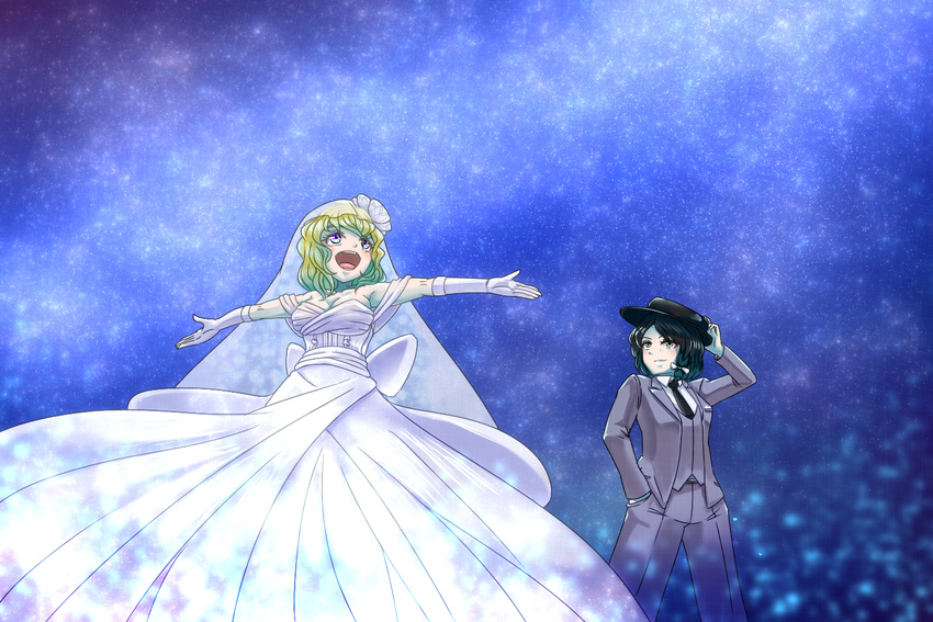 2girls black_hair blonde_hair bridal_veil bride commentary_request dress elbow_gloves formal gloves groom hand_in_pocket hand_on_headwear hat maribel_hearn milky_way multiple_girls necktie night night_sky open_mouth outstretched_arms purple_eyes short_hair sky smile star_(sky) starry_sky suit takoyaki_(spirits) touhou usami_renko veil wedding_dress white_dress wife_and_wife yuri