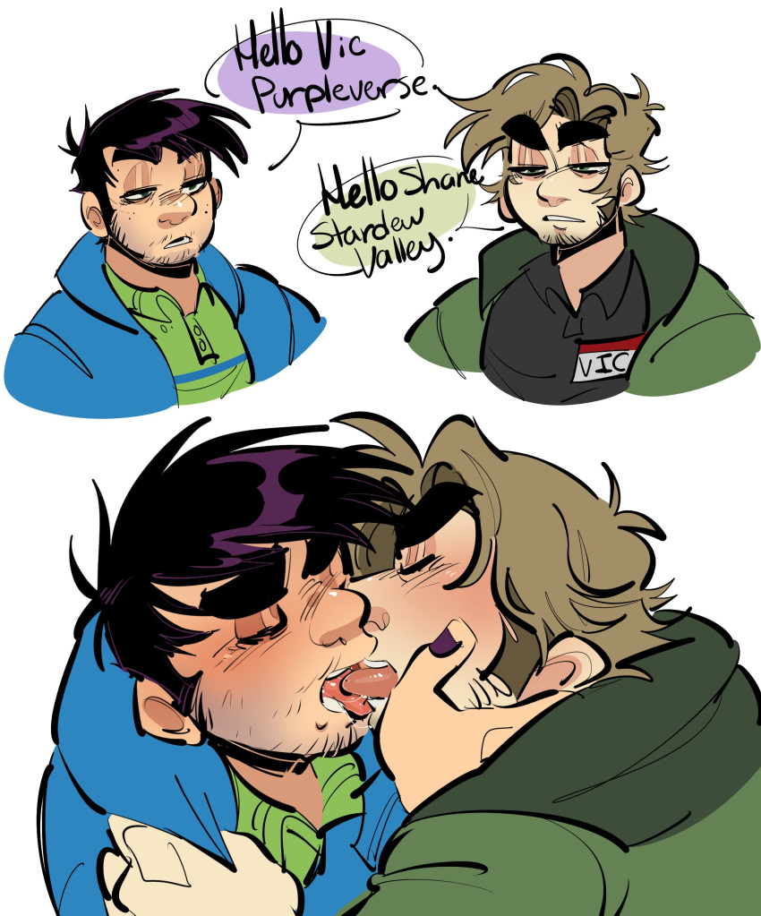 2boys bileshroom chubby fanart french_kiss french_kissing frost_bite gay kissing male/male meme no_visible_genitalia purple_(game) purpleverse shane_(stardew_valley) shitpost stardew_valley tongue_kiss tongue_kissing vic_porter yaoi