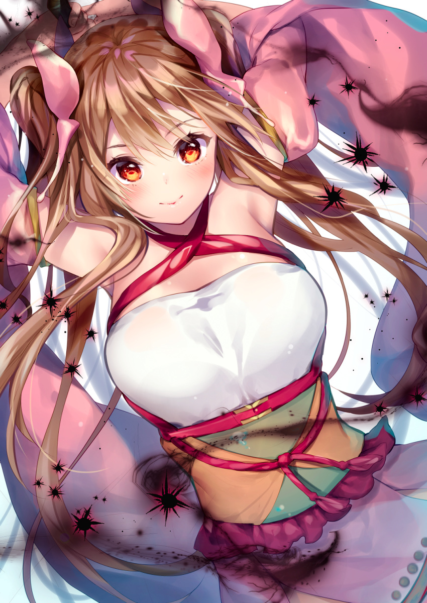 arms_up blush breasts brown_hair closed_mouth cocoa_(cafe-hotcocoa) commentary_request detached_sleeves dutch_angle female hair_between_eyes highres junon_(sennen_sensou_aigis) large_breasts long_hair looking_at_viewer obi orange_eyes sash sennen_sensou_aigis smile solo two_side_up