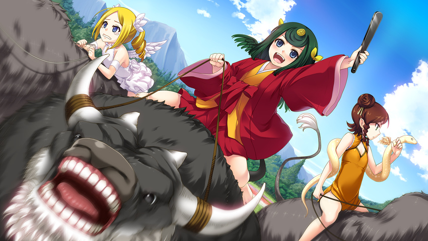 3girls :d animal artistic_error bare_shoulders benimura_karu bison blonde_hair blue_eyes braid brown_hair bunny_black bunny_black_3 china_dress chinese_clothes cleavage_cutout clothing_cutout day double_bun dress drill_hair dutch_angle game_cg green_hair hair_bun hair_ornament hand_fan horns japanese_clothes kimono kyuriha lolicon long_hair miarute multiple_girls open_mouth outdoors riding smile snake straddling suisen_(bunny_black) tears teeth twin_braids twin_drills wavy_mouth white_dress wings