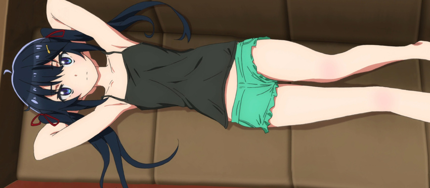 armpits bare_legs blue_eyes blue_hair camisole collarbone female gamers! hoshinomori_konoha long_hair looking_at_viewer lying on_back screencap short_shorts shorts tank_top twintails