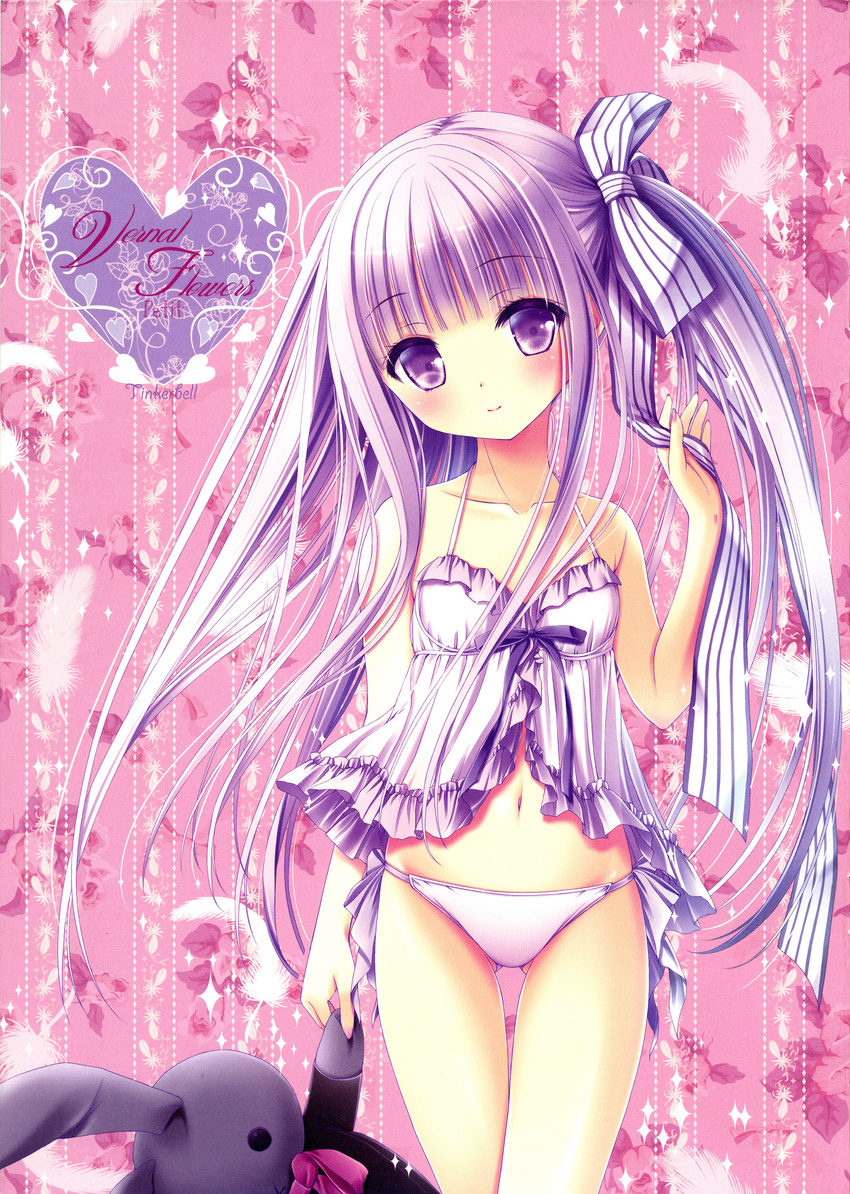 absurdres artist_name babydoll blunt_bangs blush bow breasts collarbone feathers female floating_hair frilled_babydoll frills gotou_jun hair_ribbon hairbow head_tilt heart highres holding long_hair looking_at_viewer midriff navel one_side_up panties patterned_background photoshop_(medium) pink_background purple_bow purple_eyes purple_hair purple_ribbon ribbon small_breasts smile solo standing stomach striped striped_bow striped_ribbon stuffed_animal stuffed_rabbit stuffed_toy tenshi_no_3p! tinker_bell_(pixiv_10956015) underwear underwear_only very_long_hair white_panties white_ribbon