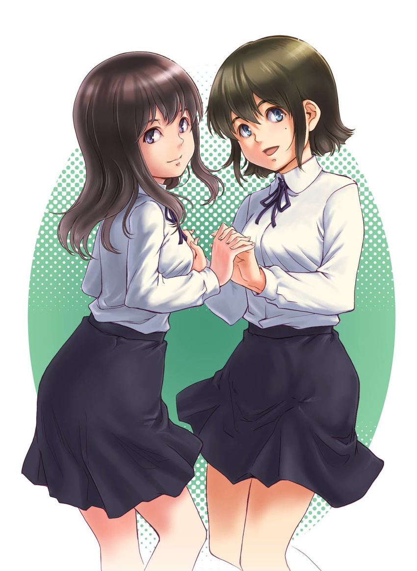 2girls bad_id bad_pixiv_id black_skirt blue_eyes blush breasts brown_hair closed_mouth hayashida_airi highres holding_hands kosai_takayuki large_breasts looking_at_viewer medium_hair mole mole_under_eye multiple_girls parted_lips purple_eyes shimada_mayu short_hair skirt smile wake_up_girls! yuri