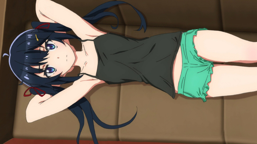 armpits bare_legs blue_eyes blue_hair camisole collarbone female gamers! hoshinomori_konoha long_hair looking_at_viewer lying on_back screencap short_shorts shorts tank_top twintails wallpaper