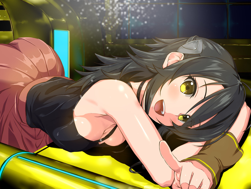 :d adeltrud_walter ass bare_shoulders bent_over black_hair breasts cleavage commentary_request female headgear index_finger_raised kakari knight's_&_magic large_breasts long_hair looking_at_viewer lying on_stomach open_mouth pleated_skirt pointing pointing_at_viewer skirt smile solo tank_top yellow_eyes