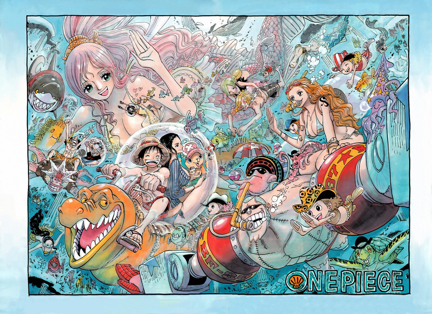 6+boys 6+girls :d afro air_bubble antlers aqua_bikini bangle bikini bikini_bottom_only bikini_top_only black_hair blonde_hair blue_bikini blue_hair blue_shirt bracelet breasts brook_(one_piece) brown_eyes brown_hair bubble buzz_cut camie_(one_piece) cleavage closed_eyes collarbone copyright_name crocodile crocodilian curly_eyebrows everyone fish fish_boy franky_(one_piece) giant giantess green_eyes green_hair hair_over_one_eye hair_slicked_back halterneck hat hatchan heart heart-shaped_eyes highres hiramera horns ichika_(one_piece) ishilly jewelry large_breasts log_pose long_hair long_nose male_swimwear megalo mermaid mero_(one_piece) monkey_d._luffy monster_girl multiple_boys multiple_girls nami_(one_piece) necklace nico_robin nika_(one_piece) oda_eiichirou official_alternate_costume official_art one_piece open_mouth orange_hair outstretched_arms pappug parted_bangs pink_hair quintuplets reindeer roronoa_zoro sanji_(one_piece) sanka_(one_piece) scar scar_on_face scuba seira_(one_piece) shark shirahoshi shirt short_hair side-tie_bikini_bottom skeleton sleeping smile spiked_hair starfish straw_hat straw_hat_pirates striped_clothes striped_shirt sunglasses swimming swimsuit tattoo tony_tony_chopper turtle underwater usopp vertical-striped_clothes vertical-striped_shirt very_long_hair very_short_hair yellow_bikini yonka yonka_two