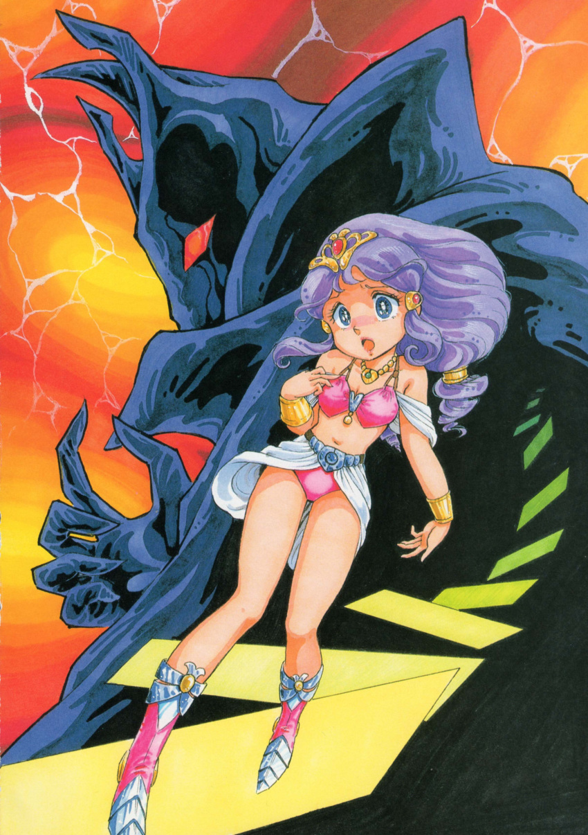 1980s_(style) 1boy absurdres archived_source armored_boots bad_id bad_link bikini boots bracelet cream_lemon female highres jewelry julia_(rall) konoma_waho long_hair navel official_art open_mouth purple_hair retro_artstyle scan sf_choujigen_densetsu_rall showgirl_skirt swimsuit traditional_media