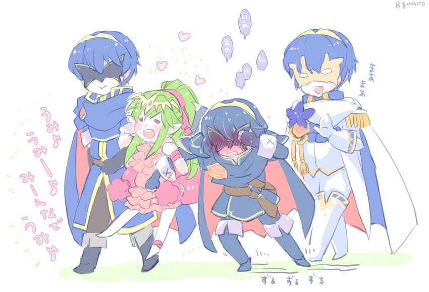 2boys 2girls ancestor_and_descendant belt black_gloves blue_cape blue_hair blush cape closed_mouth commentary dual_persona fingerless_gloves fire_emblem fire_emblem:_mystery_of_the_emblem fire_emblem_awakening fire_emblem_heroes flower gloves green_hair hair_ribbon heart locked_arms long_hair long_sleeves lucina_(fire_emblem) marth_(fire_emblem) marth_(fire_emblem_awakening) marth_(groom)_(fire_emblem) mask multiple_boys multiple_girls one-piece_swimsuit open_mouth pink_one-piece_swimsuit pointy_ears ponytail protected_link qumaoto red_ribbon ribbon short_hair simple_background standing swimsuit tiara tiki_(fire_emblem) tiki_(young)_(fire_emblem) tiki_(young)_(summer)_(fire_emblem) translated twitter_username white_background white_gloves