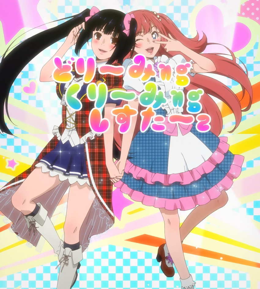 2girls bangs black_hair blush boots bow female hand_holding idol jabami_yumeko kakegurui kneehighs layered_dress layered_skirt long_hair looking_at_viewer mary_janes multiple_girls open_mouth pink_hair pleated_skirt red_shoes screencap shoes smile socks star star-shaped_pupils symbol-shaped_pupils twintails v white_boots wink yumemite_yumemi