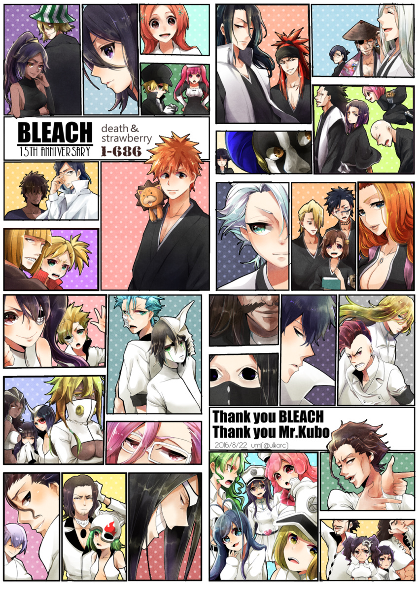 6+boys 6+girls adjusting_eyewear ahoge aizen_sousuke ajirogasa anniversary armband arrancar as_nodt askin_nakk_le_vaar ayasegawa_yumichika bad_id bad_pixiv_id badge bald bambietta_basterbine bandana bazz-b black_hair bleach bleach:_sennen_kessen-hen blonde_hair blue_eyes book breasts brown_eyes brown_hair candice_catnipp cang_du cape charlotte_chuhlhourne cirucci_sanderwicci cleavage closed_eyes copyright_name coyote_starrk cyan_sung-sun dark_skin dated dokugamine_riruka dordoni_alessandro_del_socaccio emilou_apacci eyepatch facepaint facial_hair facial_mark facial_tattoo finger_gun franceska_mila_rose freckles fukutaichou_badge giselle_gewelle glasses goatee green_eyes green_hair grey_hair grimmjow_jaegerjaquez grin hair_ornament hair_over_one_eye hairclip hands_on_own_hips haori hat helmet heterochromia highres hinamori_momo hirako_shinji hisagi_shuuhei hitsugaya_toushirou horns ichimaru_gin inoue_orihime ise_nanao ishida_uryuu japanese_clothes jugram_haschwalth kira_izuru kon_(bleach) kuchiki_byakuya kuchiki_rukia kurosaki_ichigo kurotsuchi_mayuri kurotsuchi_nemu kusajishi_yachiru kyouraku_shunsui large_breasts laughing liltotto_lamperd lilynette_gingerbuck loly_aivirrne long_hair luppi_antenor madarame_ikkaku mask matsumoto_rangiku meninas_mcallon menoly_mallia military military_uniform mohawk moustache multiple_boys multiple_girls nnoitra_gilga orange_hair peaked_cap pink_eyes pink_hair ponytail purple_eyes purple_hair red_hair sado_yasutora sarugaki_hiyori shihouin_yoruichi short_hair short_twintails single_horn smile spiked_hair striped_clothes striped_headwear stubble szayelaporro_granz taichou_haori tattoo thank_you tier_harribel twintails twitter_username ukitake_juushirou ulquiorra_cifer umi_(pixiv6861961) underboob uniform wandenreich wandenreich_uniform white_hair yellow_eyes yhwach yukio_hans_vorarlberna zaraki_kenpachi