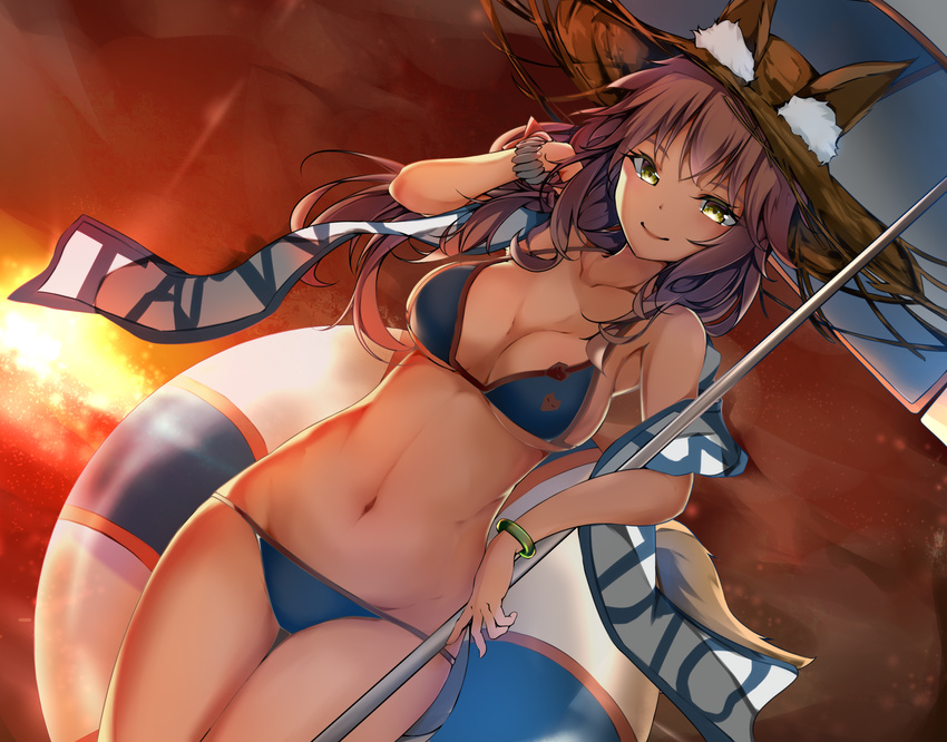 animal_ears bikini blue_bikini breasts cleavage commentary_request cucchiore ears_through_headwear fate/extra fate/extra_ccc fate/grand_order fate_(series) female fox_ears fox_tail groin hand_in_own_hair hat highres large_breasts long_hair looking_at_viewer navel outdoors parasol pink_hair solo sun_hat swimsuit tail tamamo_(fate) tamamo_no_mae_(swimsuit_lancer)_(fate) tamamo_no_mae_(swimsuit_lancer)_(second_ascension)_(fate) twilight umbrella yellow_eyes