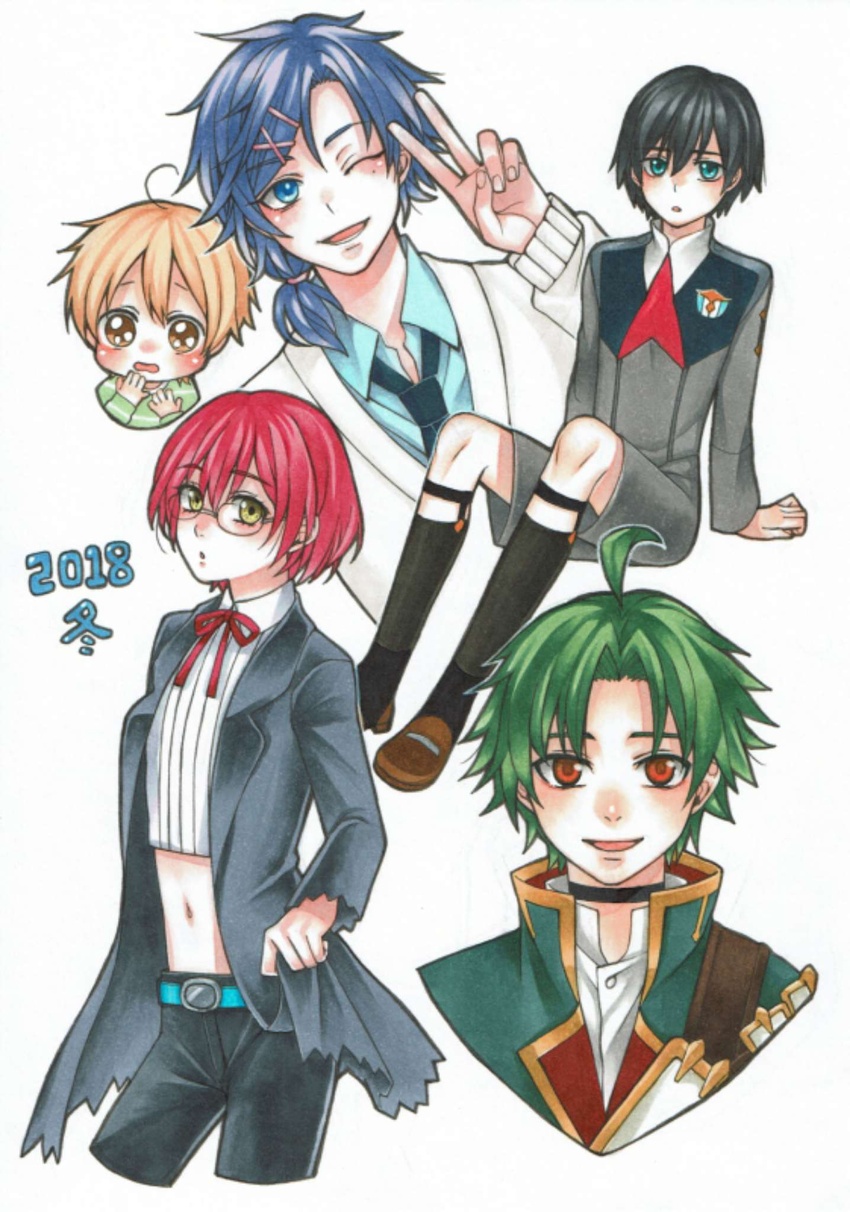 5boys ahoge belt black_hair black_necktie black_pants blonde_hair blue_belt blue_eyes blue_hair blue_shirt blush bob_cut brown_eyes brown_footwear coat collared_shirt commentary_request crossover darling_in_the_franxx dated gakuen_babysitters gold_trim gowther grancrest_senki green_coat green_eyes green_hair green_shirt grey_coat hair_ornament hair_tie hand_to_own_mouth hand_up highres hiro_(darling_in_the_franxx) izuru03 lolicon long_coat long_sleeves looking_at_viewer male_focus mamizuka_kazuma military military_uniform mizuno_yuu multiple_boys multiple_crossover nanatsu_no_taizai navel neck_ribbon necktie one_eye_closed otoko_no_ko pants red_eyes red_hair red_ribbon ribbon sanrio sanrio_danshi shirt shoes short_hair sitting socks striped_clothes striped_shirt theo_cornaro torn_clothes torn_coat uniform v white_coat wing_collar yellow_eyes