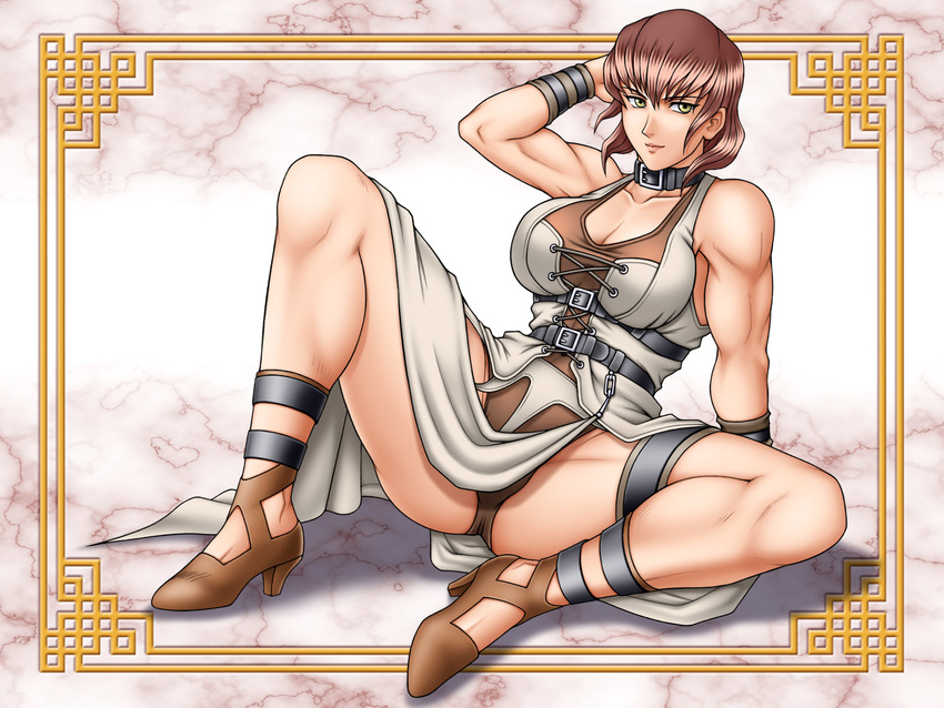 bamboo_(artist) bare_shoulders belt big_breasts bracelet breasts brown_hair choker cleavage female full_body gensou_suikoden gensou_suikoden_ii green_eyes high_heels highres jewelry kitamura_(bamboo) loincloth muscle muscular oulan red_hair short_hair sitting solo suikoden suikoden_ii wristband