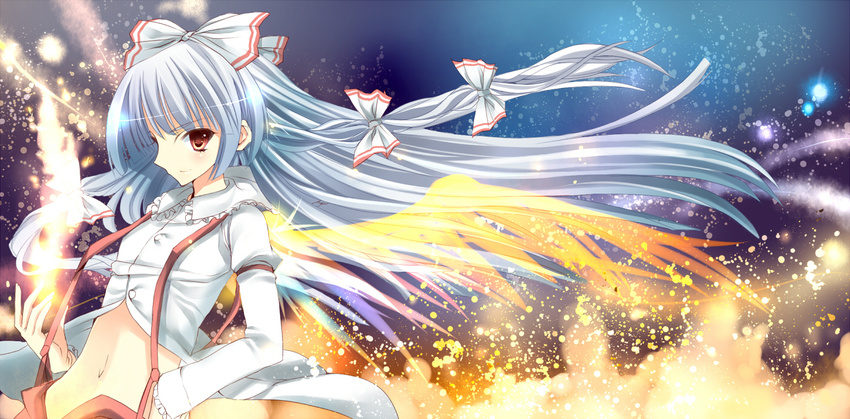 bow chamo_(milky_way) commentary female fiery_wings fire fujiwara_no_mokou hair_ribbon hairbow long_hair midriff red_eyes ribbon solo suspenders touhou white_hair wings