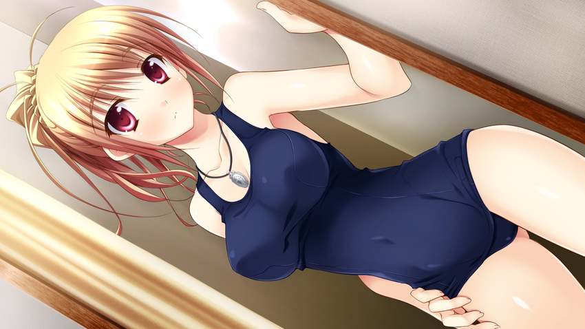 blush brown_hair collarbone contrapposto dutch_angle female francesca_bathory highres jewelry konakana_2:_konata_yori_kanata_made_ii looking_at_viewer minase_(dragon_panda) one-piece_swimsuit pendant red_eyes school_swimsuit solo standing swimsuit