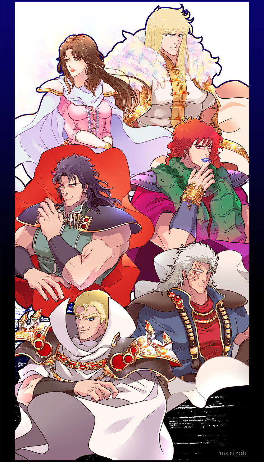 5boys bad_id bad_pixiv_id black_hair blonde_hair blue_eyes breasts brown_eyes brown_hair cape dress facial_mark female forehead forehead_mark highres hokuto_no_ken lipstick long_hair makeup mayuzumi medium_breasts mole multiple_boys muscular nail_polish no_pupils pillarboxed pink_dress pink_eyes purple_lips purple_nails red_eyes red_hair rei_(hokuto_no_ken) scar scarf shin_(hokuto_no_ken) shoulder_pads shu_(hokuto_no_ken) smile souther spikes white_hair wrist_cuffs wristband yuda_(hokuto_no_ken) yuria_(hokuto_no_ken)