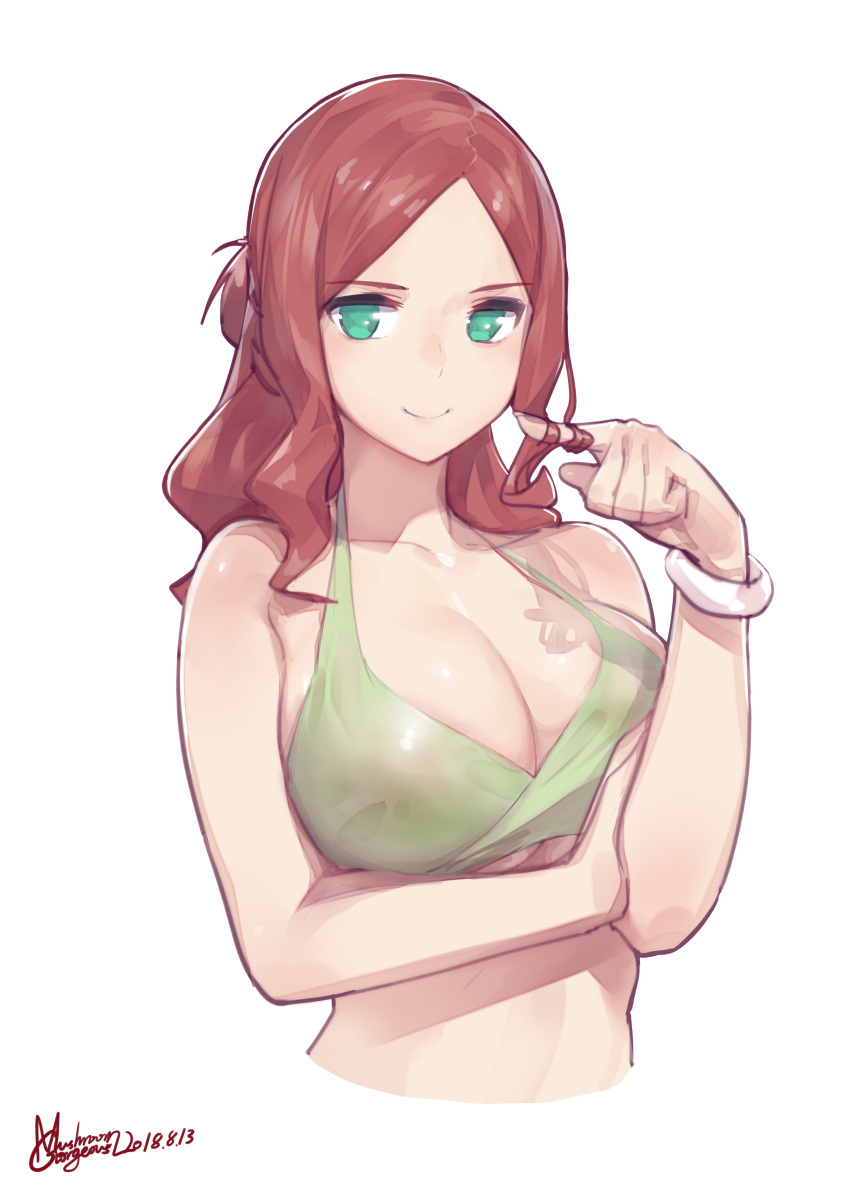 absurdres bare_shoulders bracelet breasts closed_mouth collarbone commentary cropped_torso darling_in_the_franxx dated female gorgeous_mushroom green_eyes highres jewelry large_breasts long_hair looking_at_viewer nana_(darling_in_the_franxx) red_hair revision signature simple_background smile solo twirling_hair upper_body white_background